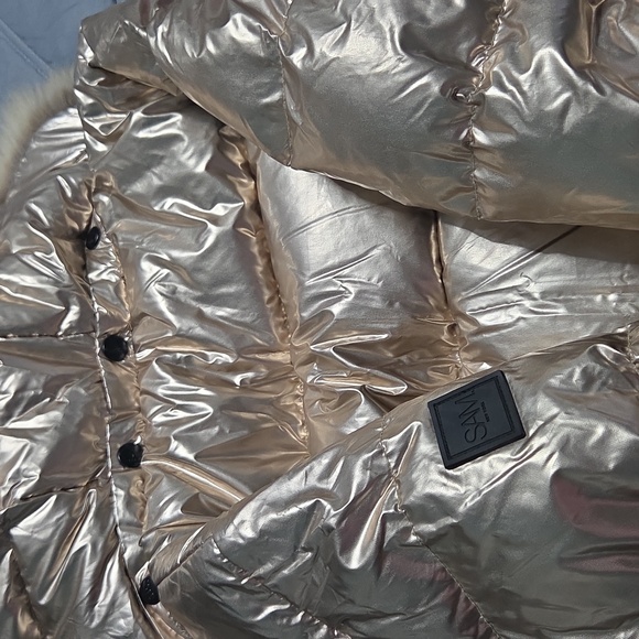 SAM. Shiny Metallic Rose Gold Puffer Jacket with Fur - Picture 12 of 16